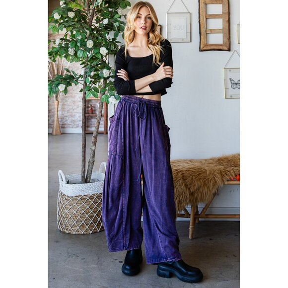 Oli & Hali Egg Plant Washed Pleated Relaxed Fit Wide Pants - Picture 1 of 6